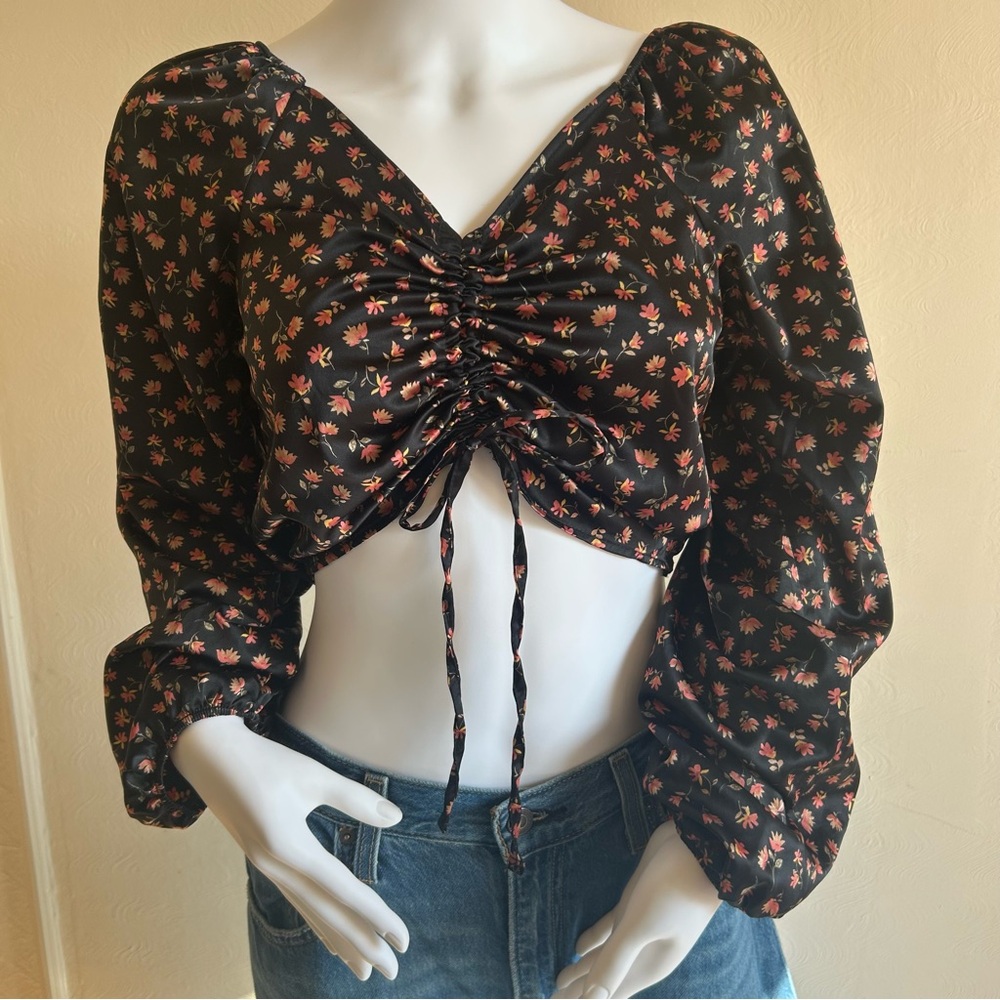 Y2K Floral Ruched Crop Top • Coquette Cottagecore Soft Girl • Hippie Rose S